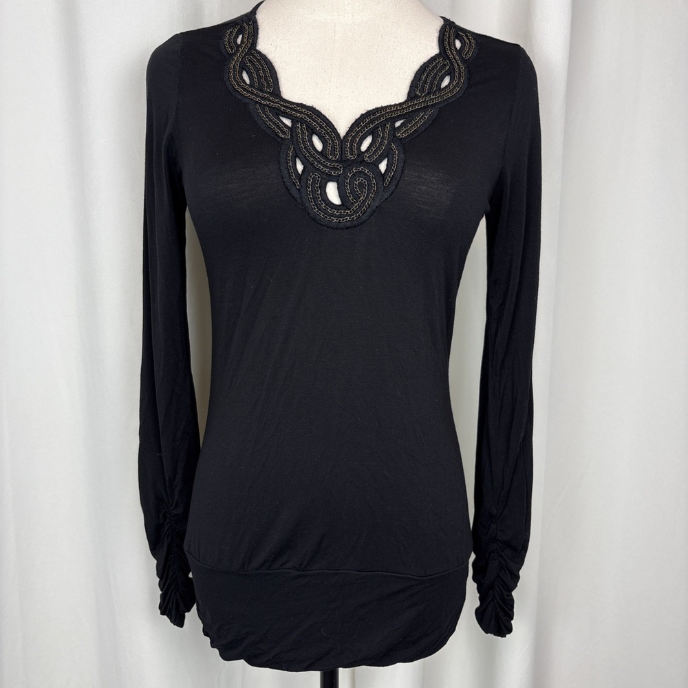 Vtg Y2K Going Out Cache Top Embroidered Black Gold Ruched Long Sleeve Sz S